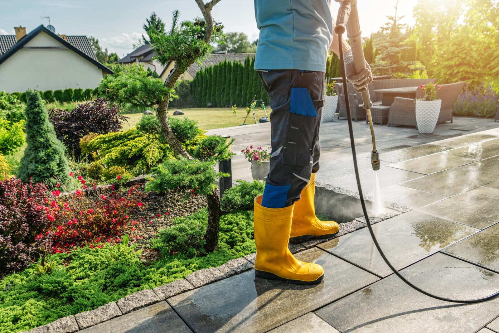 Man Cleaning Patio With Pressure Washer in Sunny Garden During Daytime in Roswell GA near Marietta.