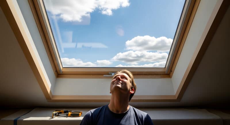 Man looking up at a clean skylight.