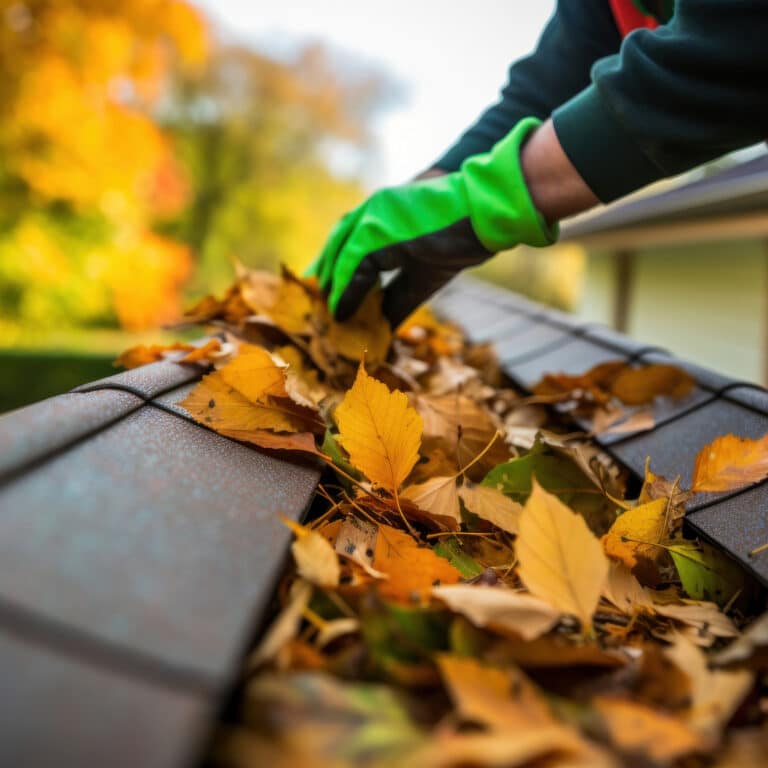 Man on a ladder doing gutter cleaning and repair in Roswell, Georgia.