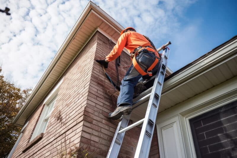Man on a ladder doing gutter repair.